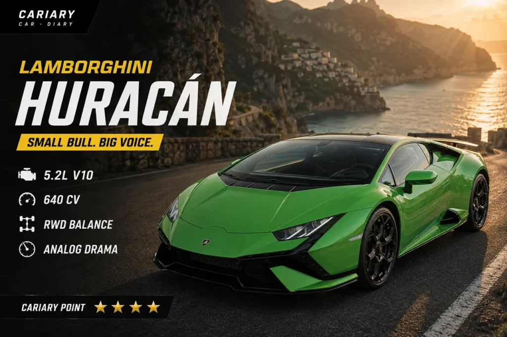 Green Lamborghini Huracán Tecnica on an Italian coastal road with Cariary four-star review graphics