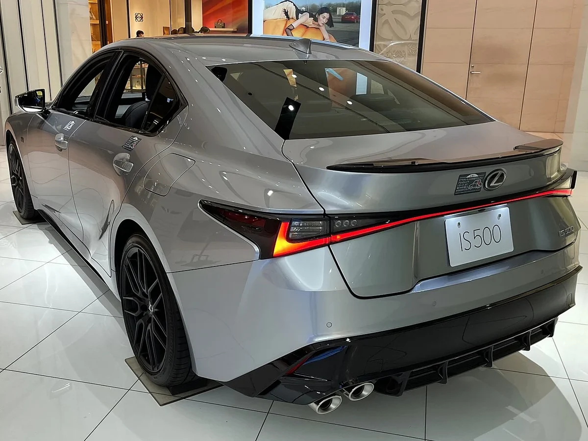 Lexus IS 500 rear view showing the sedan body and exhausts