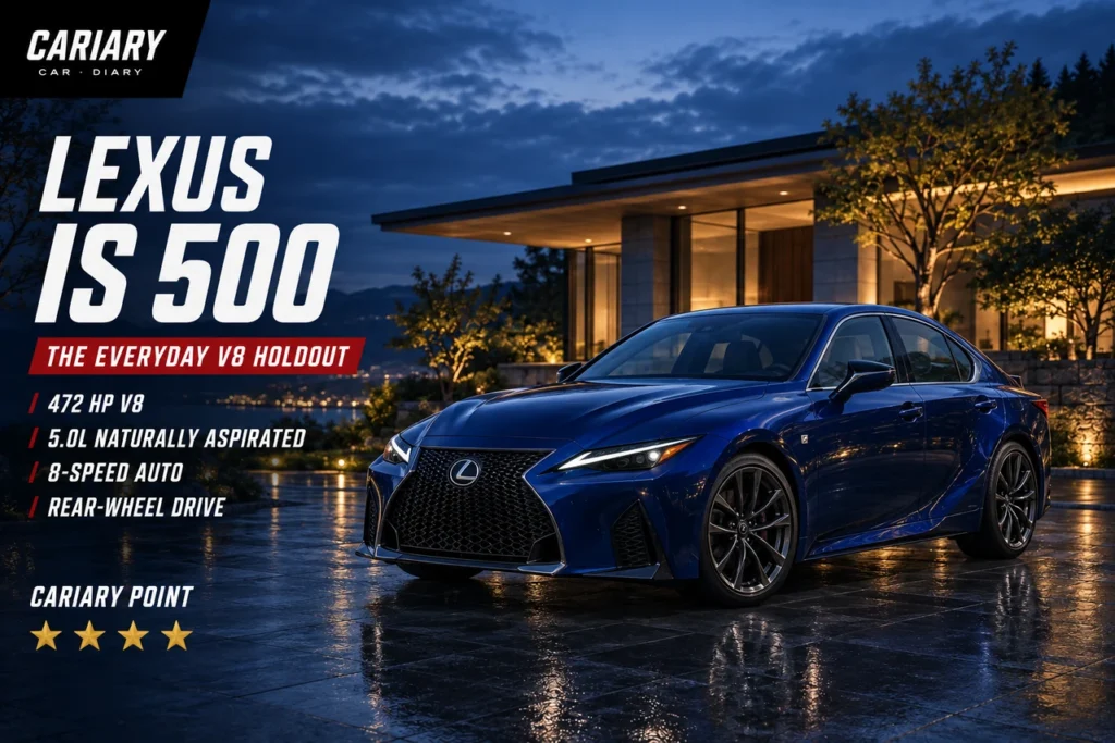 Lexus IS 500 editorial cover with 4-star Cariary Point rating