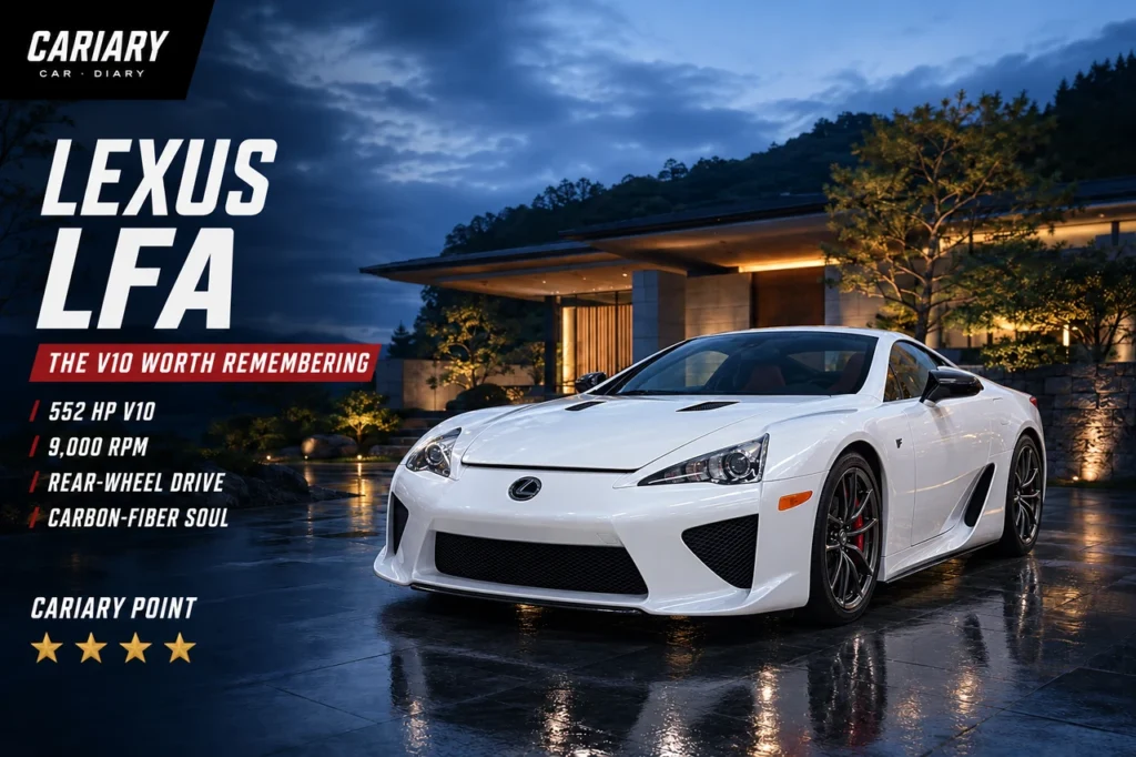 Lexus LFA Review editorial cover with four-star Cariary Point rating
