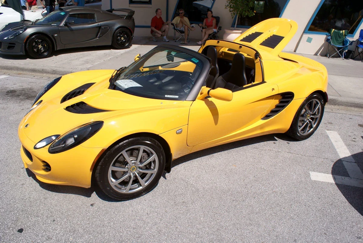 Yellow 2005 Lotus Elise with roof removed