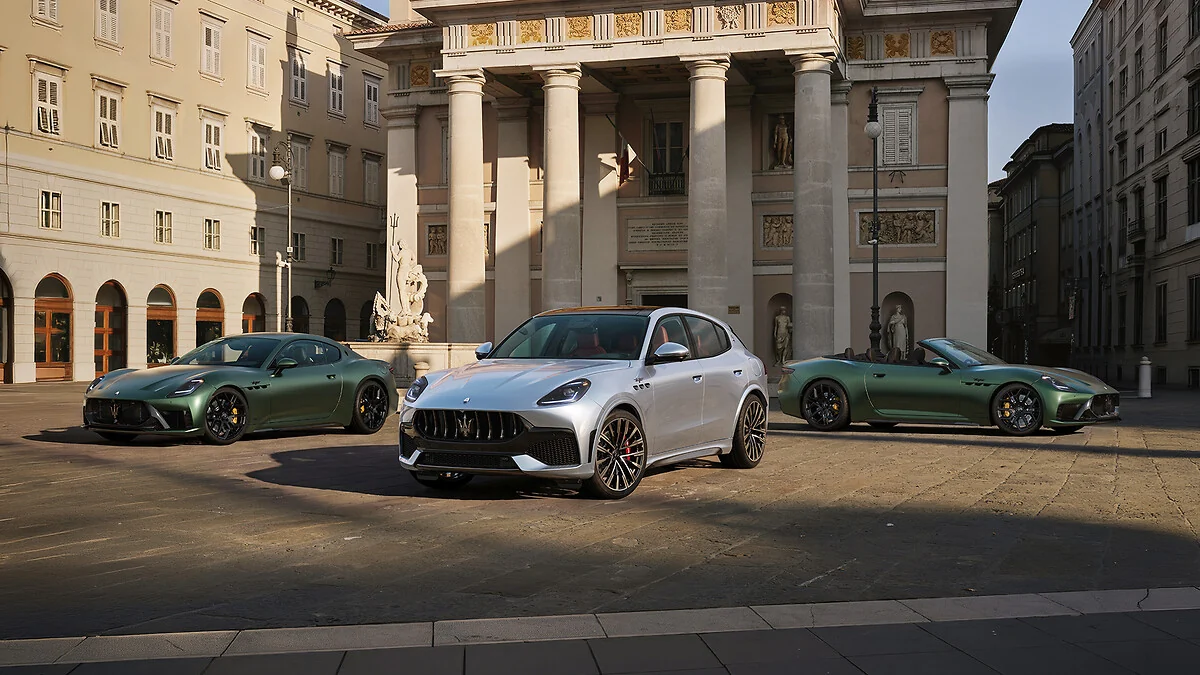 2027 Maserati GranTurismo range including a green Trofeo coupe in an Italian square