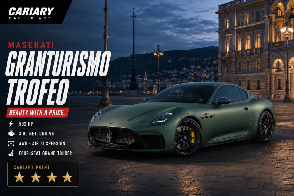2027 Maserati GranTurismo Trofeo review cover with four gold Cariary stars