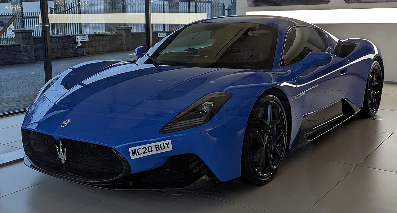 Blue Maserati MC20 coupe in a showroom