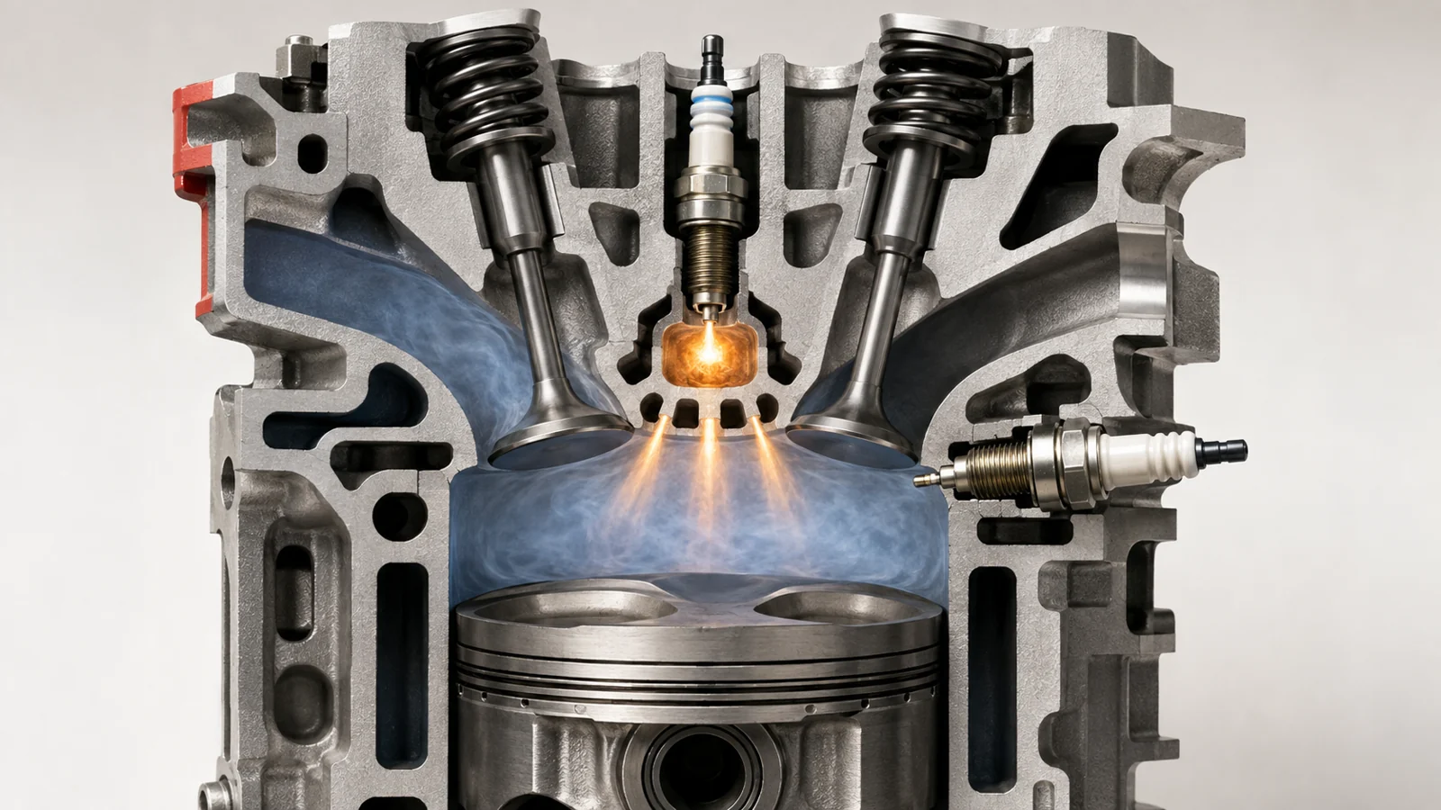 AI concept cutaway showing Nettuno pre-chamber flame jets and a lateral spark plug