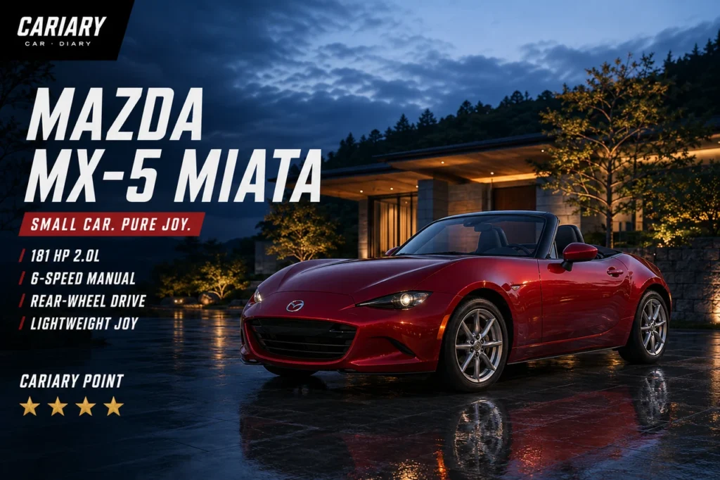 Mazda MX-5 Miata review editorial cover with four-star Cariary Point rating