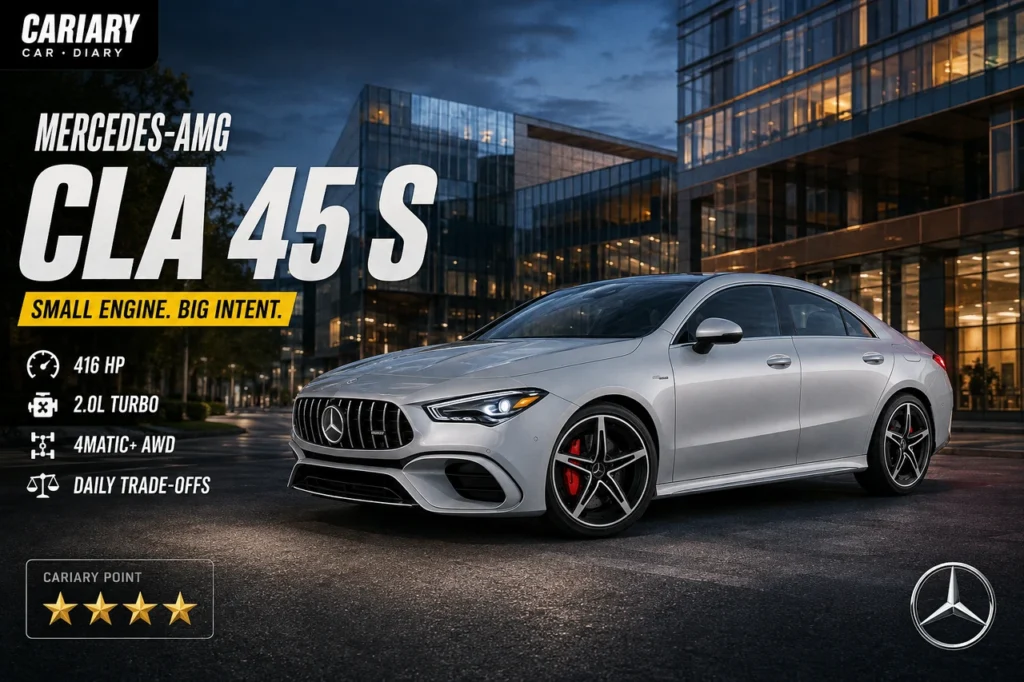 Mercedes-AMG CLA 45 S Review — AI editorial illustration with four-star Cariary rating