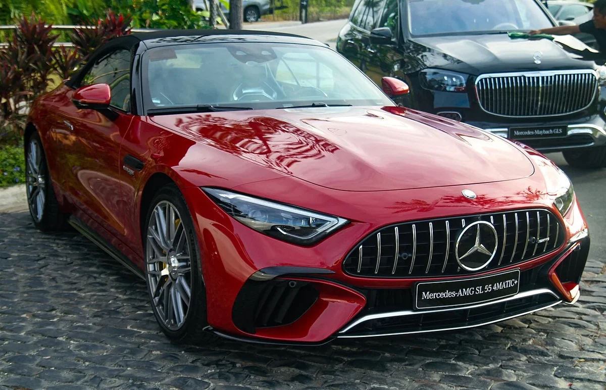 Red Mercedes-AMG SL 55 R232 with fabric roof raised