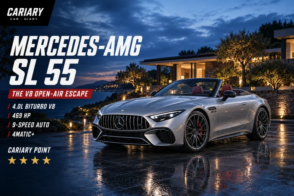 Mercedes-AMG SL 55 editorial cover with 4-star Cariary Point rating