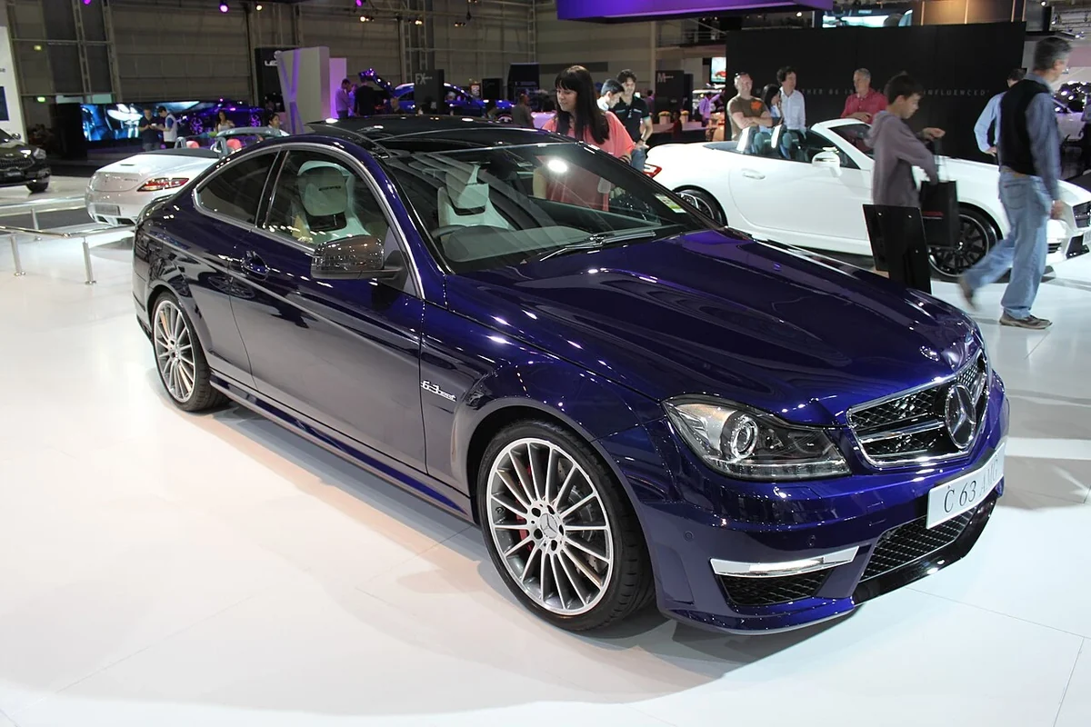 Mercedes C63 AMG C204 coupe in blue, front three-quarter view
