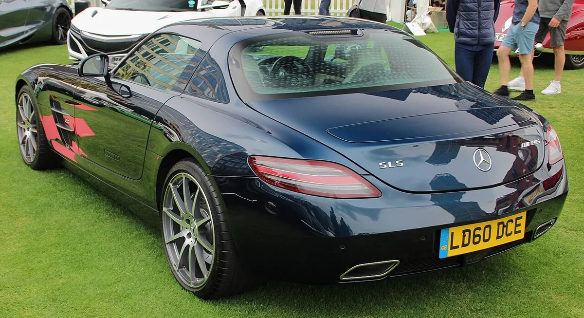 Original SLS AMG rear view, showing the coupe proportions rather than a later Black Series body.