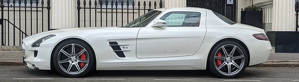 SLS AMG side profile: check the space required around the doors at your own parking location.