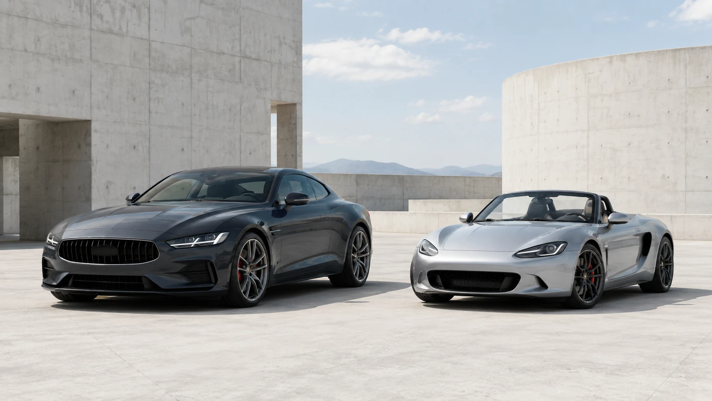 More Horsepower comparison illustration with a large dark grand touring coupe beside a compact silver roadster