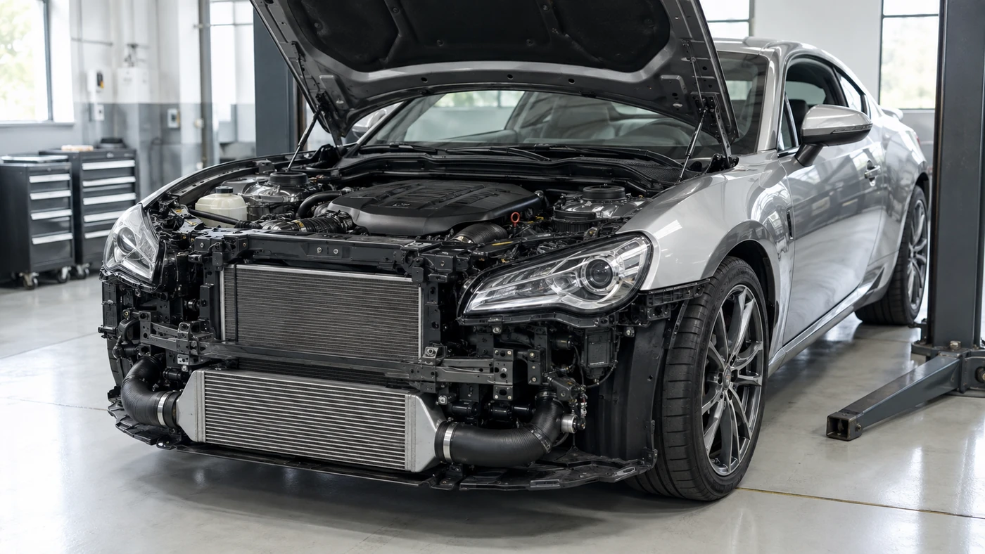Performance coupe with hood raised and front bumper removed, revealing finned heat exchangers and charge-air pipes