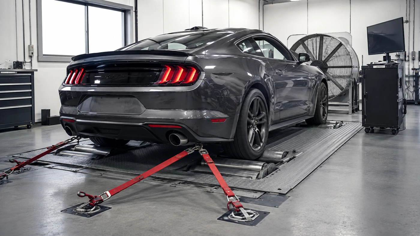 Dark coupe on workshop dynamometer rollers with red restraint straps and a large cooling fan ahead