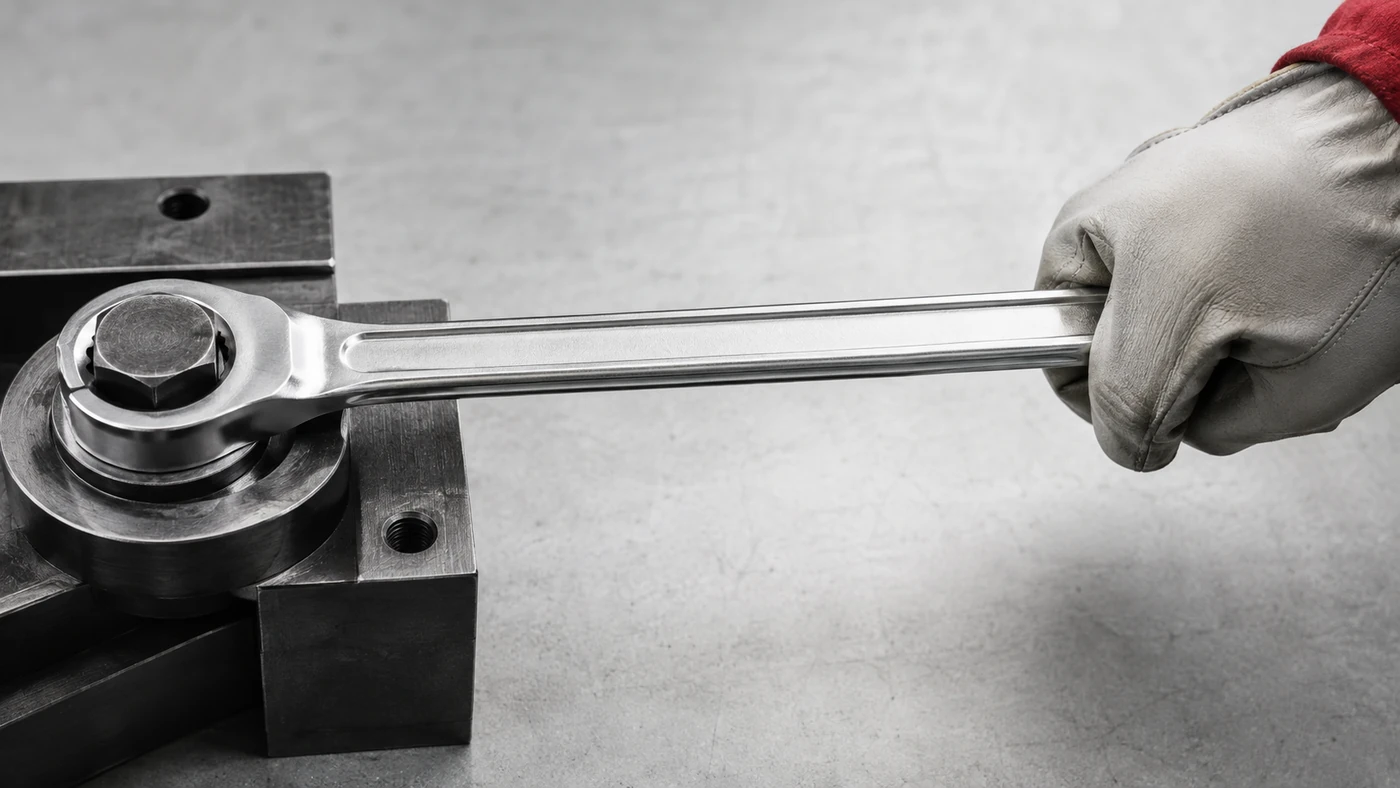 Gloved hand holding the long handle of a steel wrench fitted around a large bolt on a workshop fixture