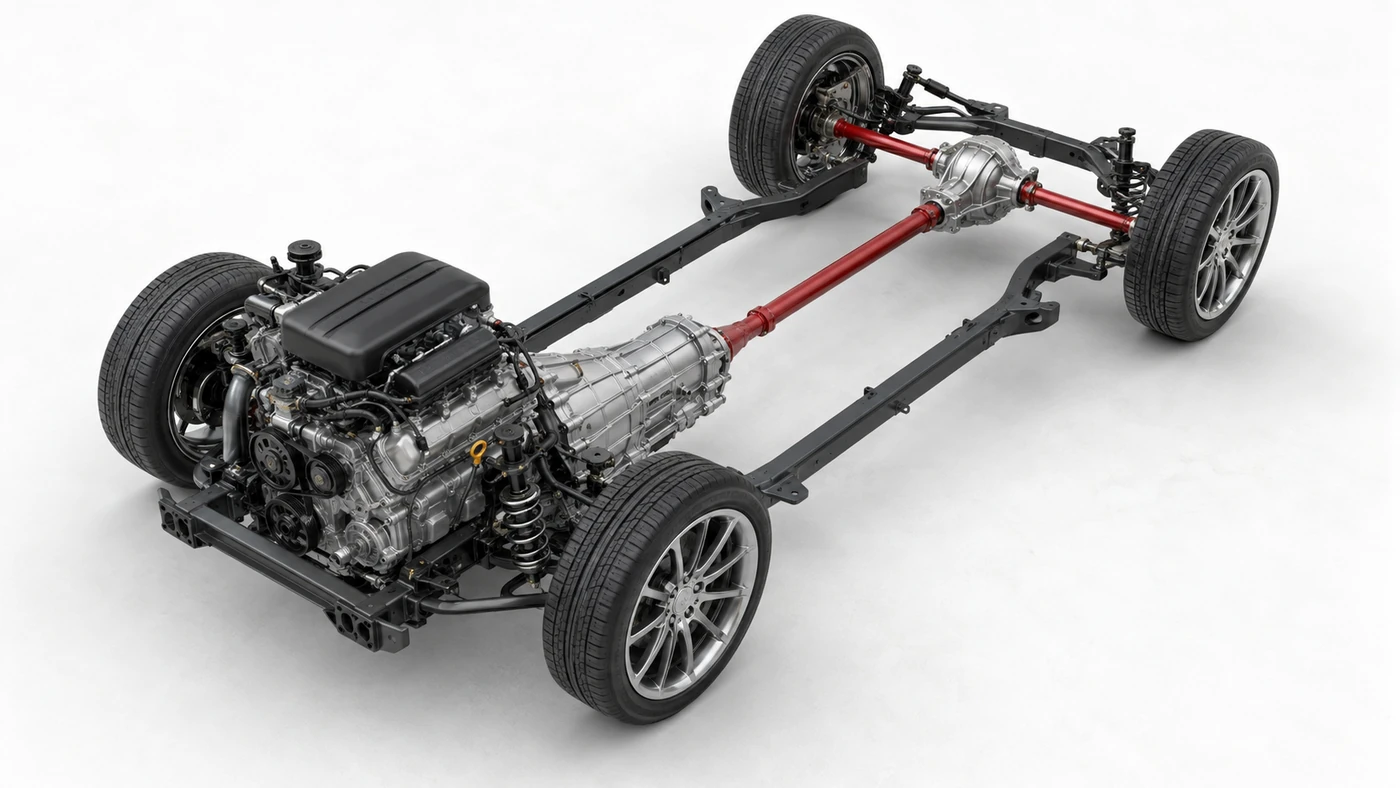 More Torque explainer showing a front-engine rear-wheel-drive chassis with transmission, red propeller shaft and rear axle shafts