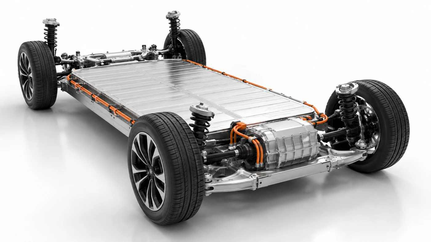 Electric car platform with a low central battery pack, orange cables and enclosed rear drive unit connected to the rear wheels