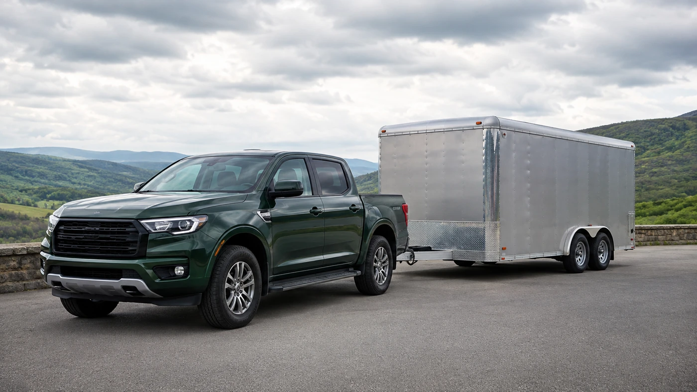 Dark green pickup attached to a silver tandem-axle enclosed trailer at a paved countryside turnout