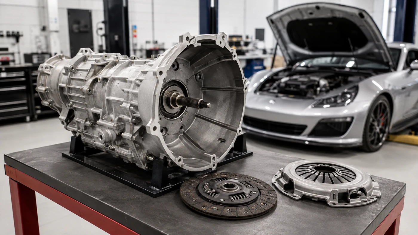 Manual transmission and clutch components on a workshop bench with an open-hood silver sports coupe behind them