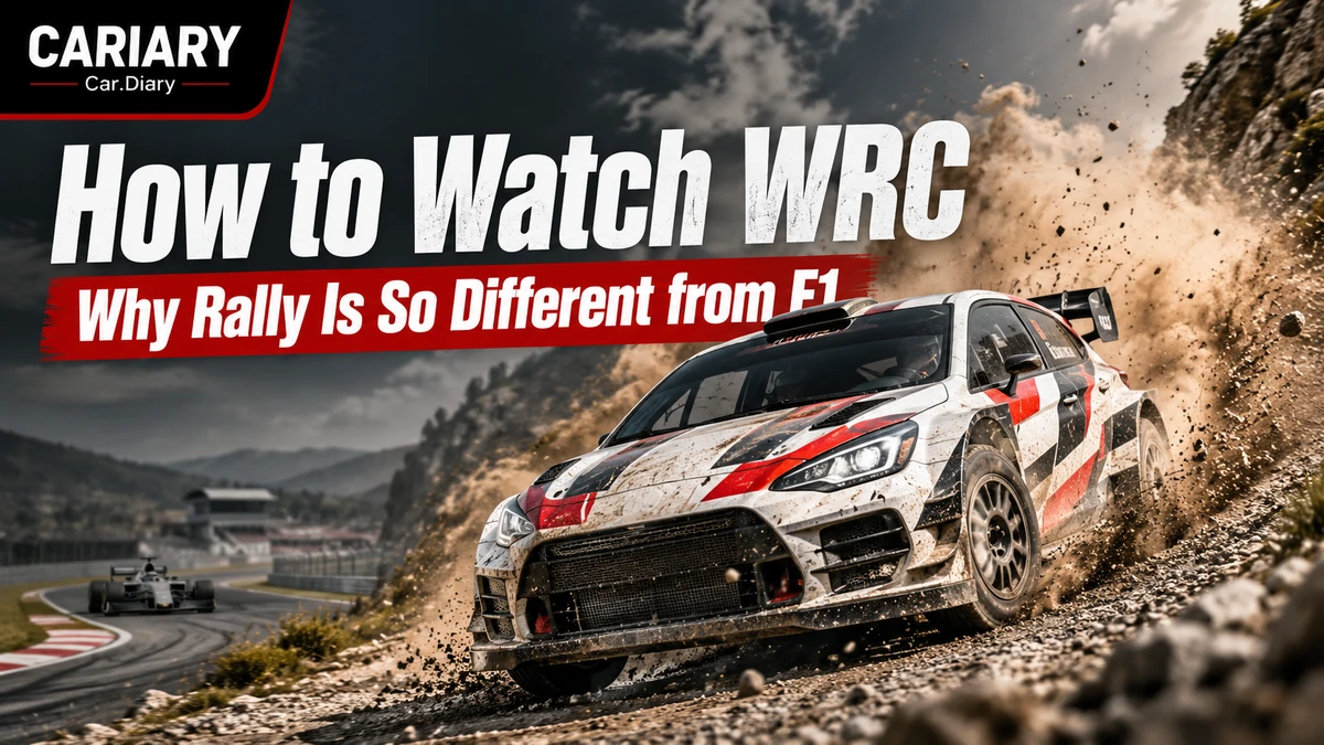 How to Watch WRC thumbnail showing a rally car on loose gravel beside a circuit-racing scene