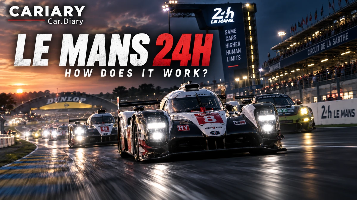 Le Mans 24H thumbnail with prototype and GT-style racing cars on a circuit at dusk