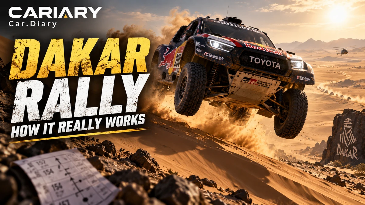 Dakar Rally thumbnail showing an off-road competition vehicle crossing sandy rocky terrain