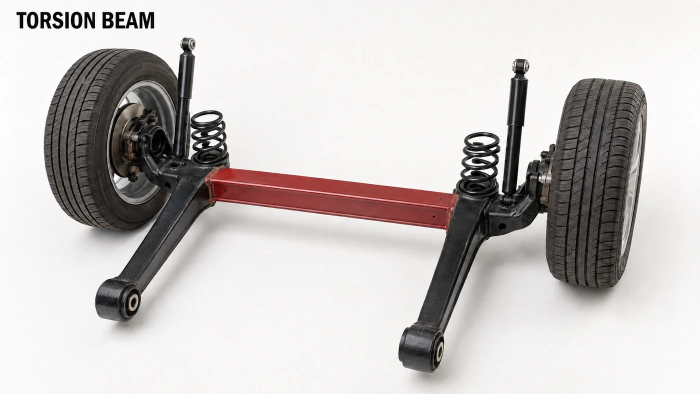 Multi-Link vs Torsion Beam explainer showing a complete twist-beam rear suspension module with its welded crossmember in red