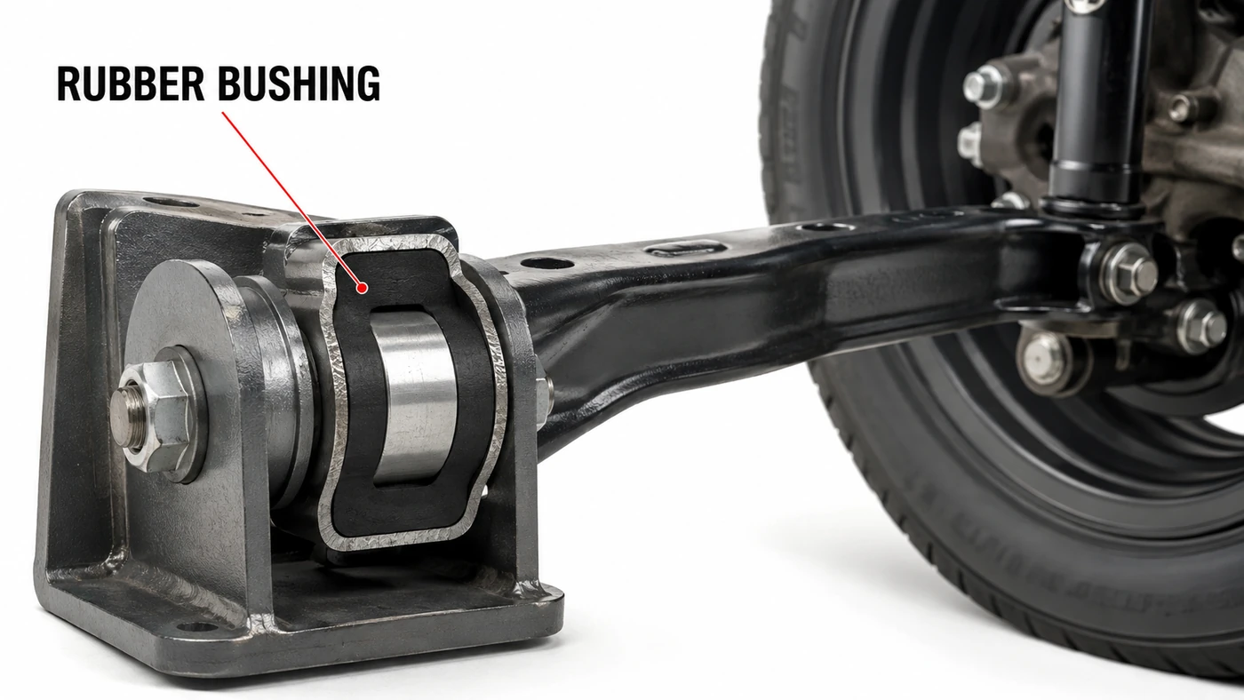 Sectioned rubber-to-metal suspension bushing in a bracket showing black rubber between an outer shell and inner metal sleeve
