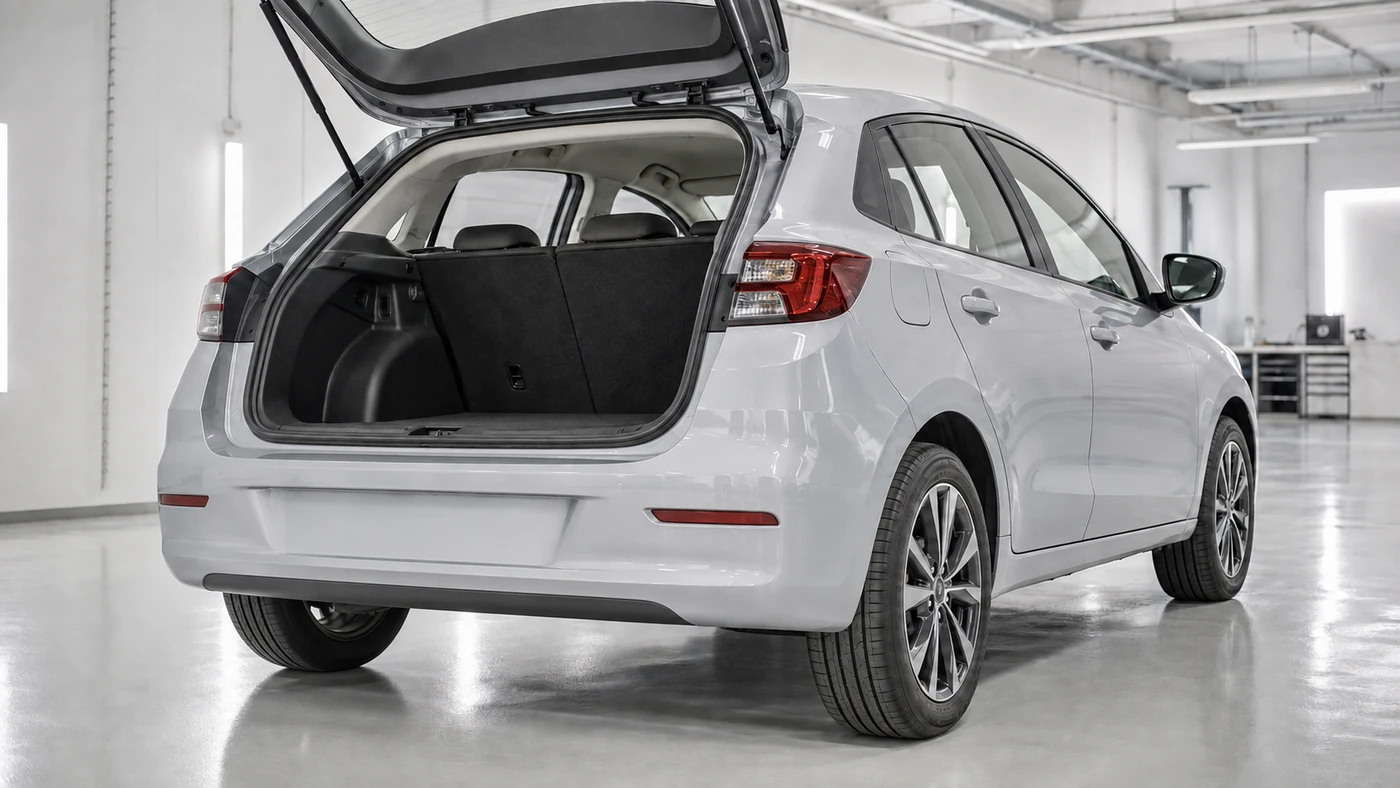 Silver compact hatchback in a bright studio with its tailgate open and the rear luggage compartment visible
