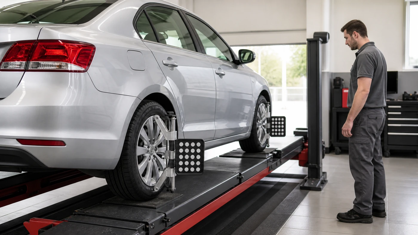Sedan resting on a wheel-alignment rack with optical targets fitted to its visible wheels and a technician beside it