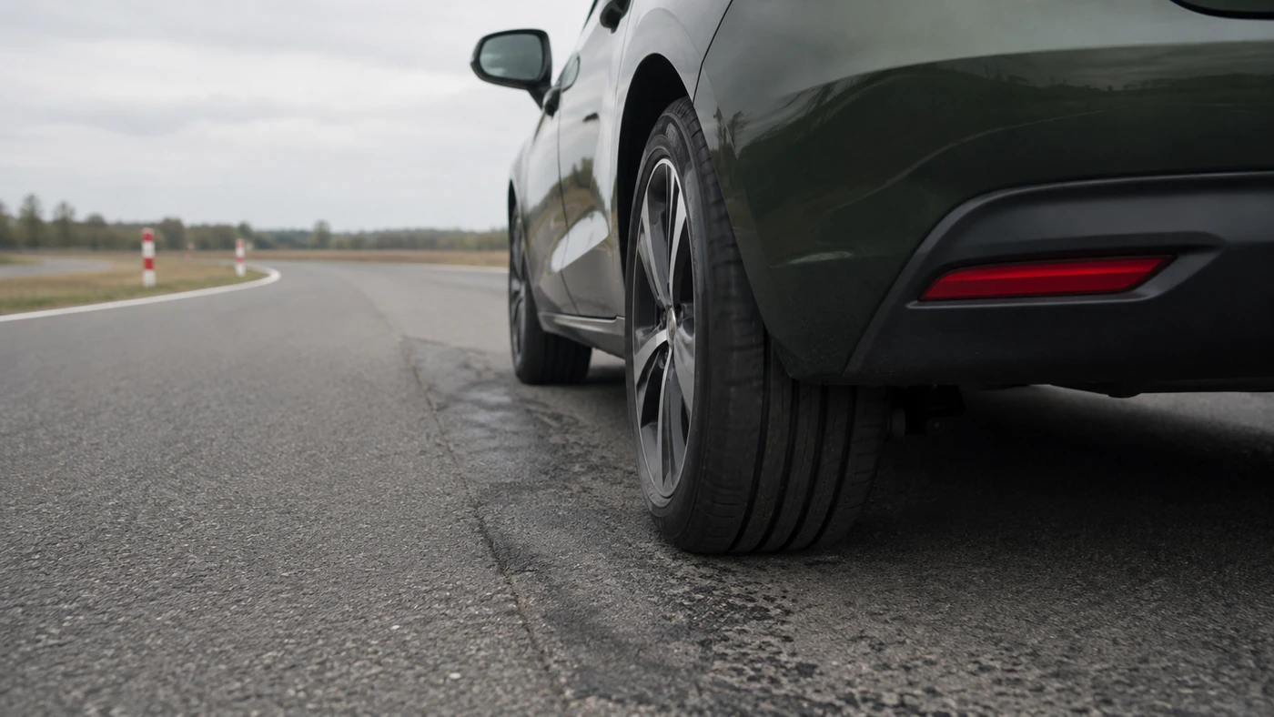 Rear wheel of a dark green hatchback alongside a rough asphalt repair on a closed test lane