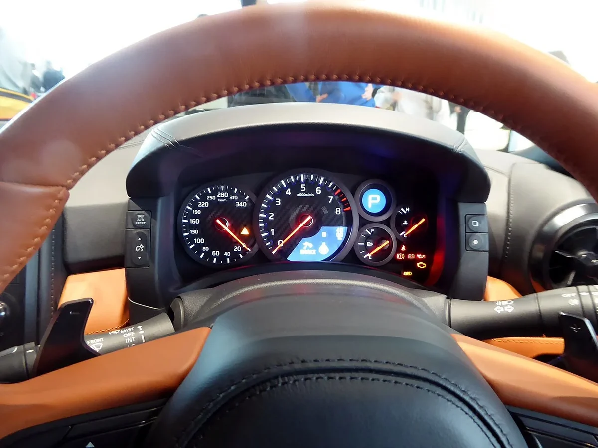 2017 Nissan GT-R instrument cluster and steering wheel