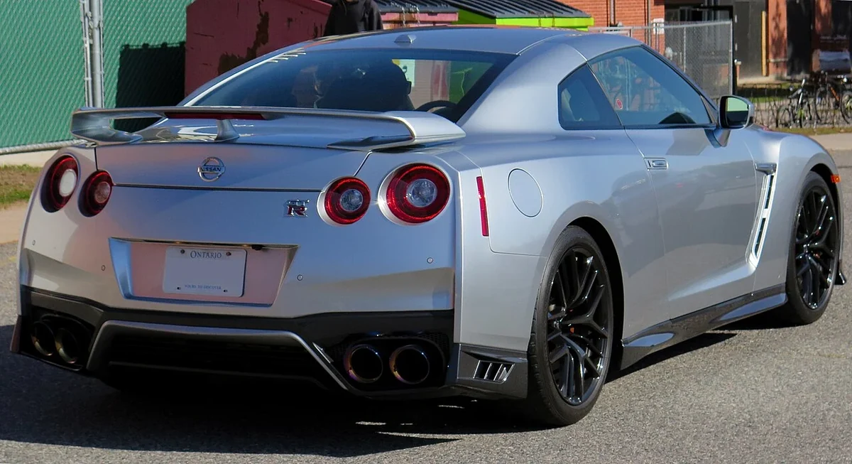 2018 Nissan GT-R Premium in Super Silver, rear three-quarter view