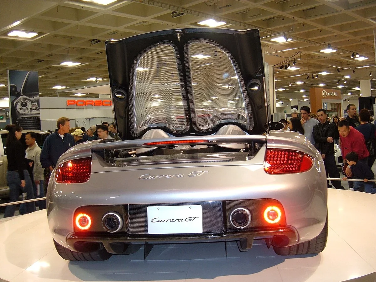 Silver Carrera GT with rear engine cover open
