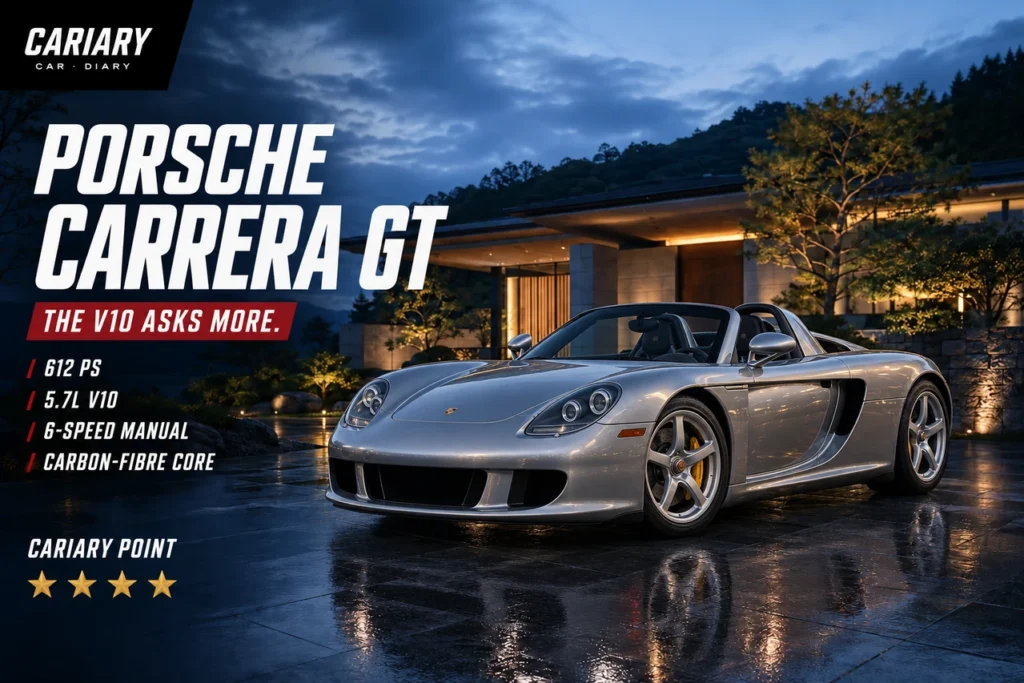 Silver Porsche Carrera GT at dusk, Cariary editorial illustration