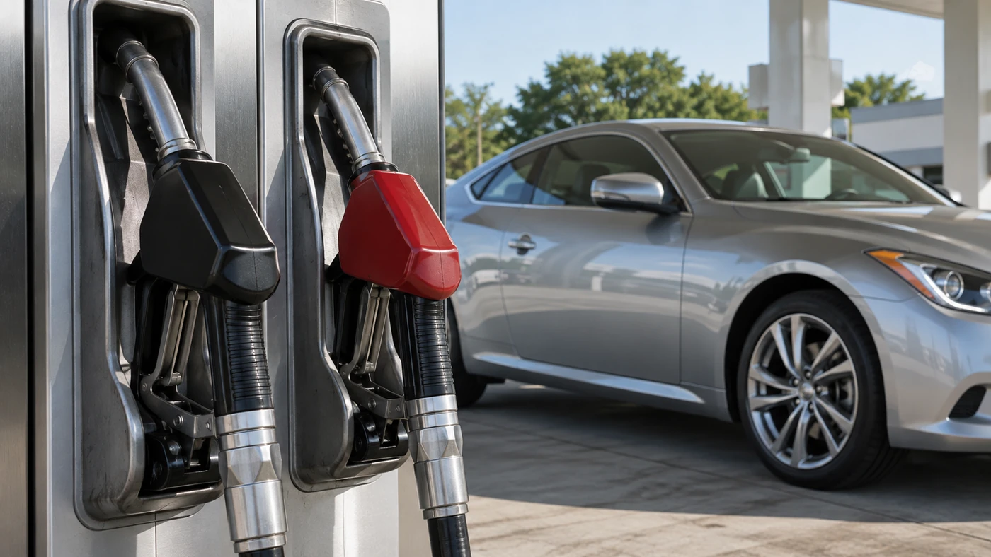 Premium Fuel editorial illustration showing two gasoline pump nozzles beside a silver coupe