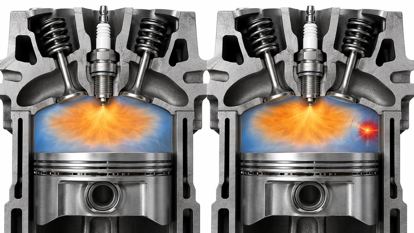 Paired gasoline cylinder cutaways showing normal spark-led combustion on the left and a separate end-gas ignition pocket on the right