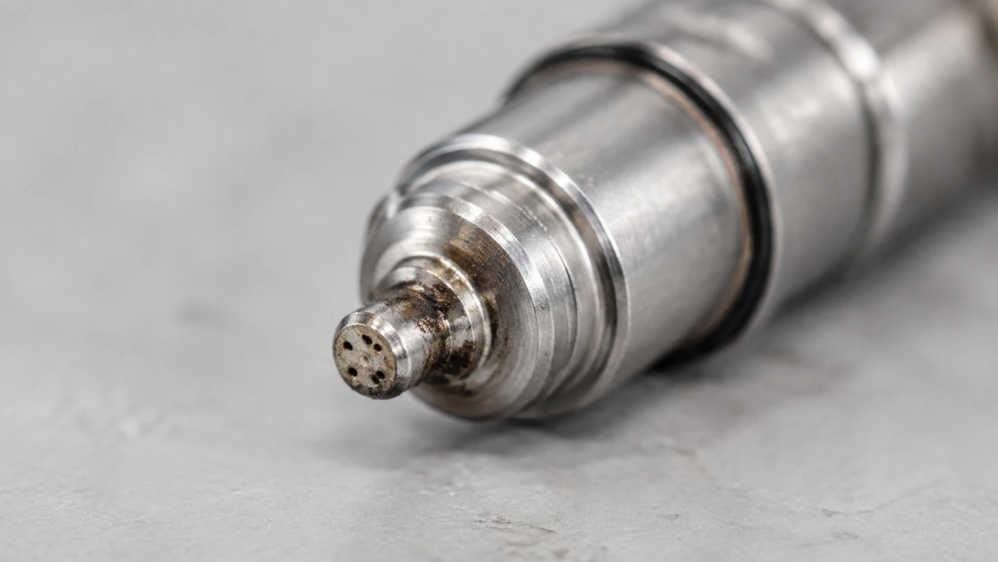 Generated macro illustration of a used gasoline injector nozzle with deposit traces around its tip