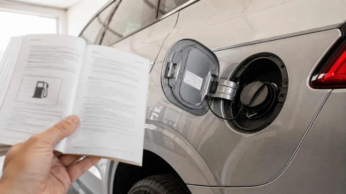 Driver holding an owner's manual beside an open car fuel flap with the filler cap secured