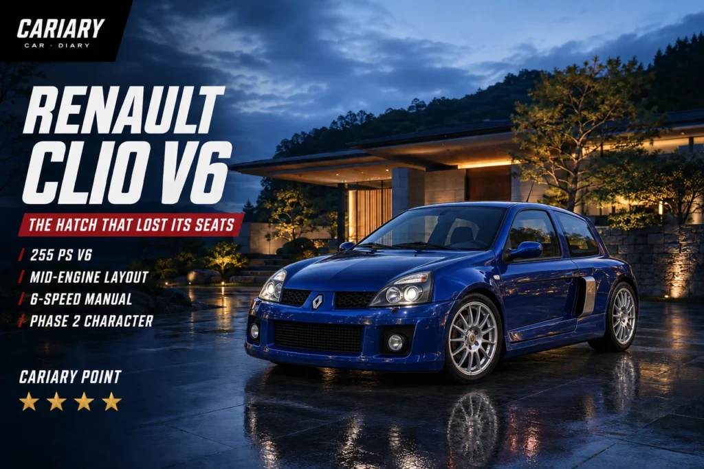 Renault Clio V6 editorial cover with 4-star Cariary Point rating