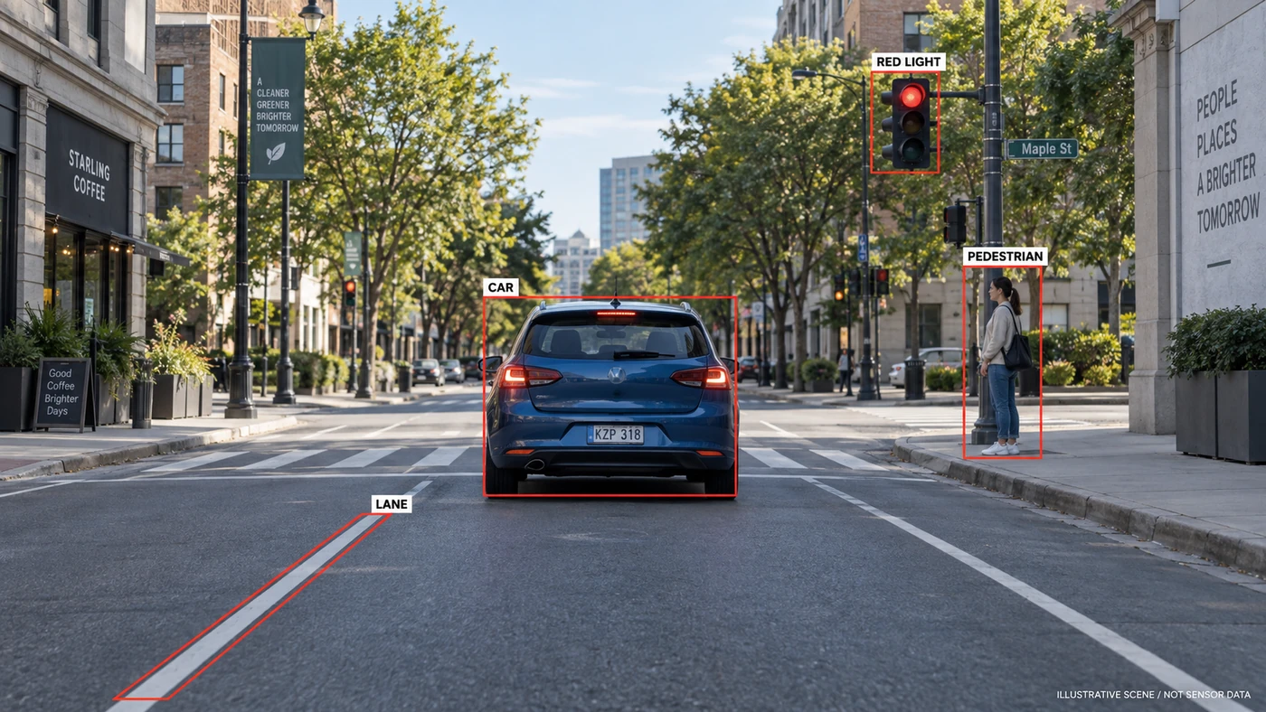 Self-driving car sensors explainer scene labeling a car, pedestrian, red traffic light and lane