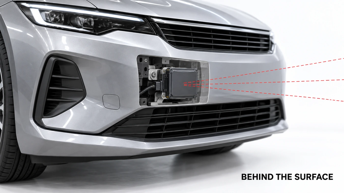 Conceptual cutaway exposing a forward radar module behind a silver car's bumper fascia