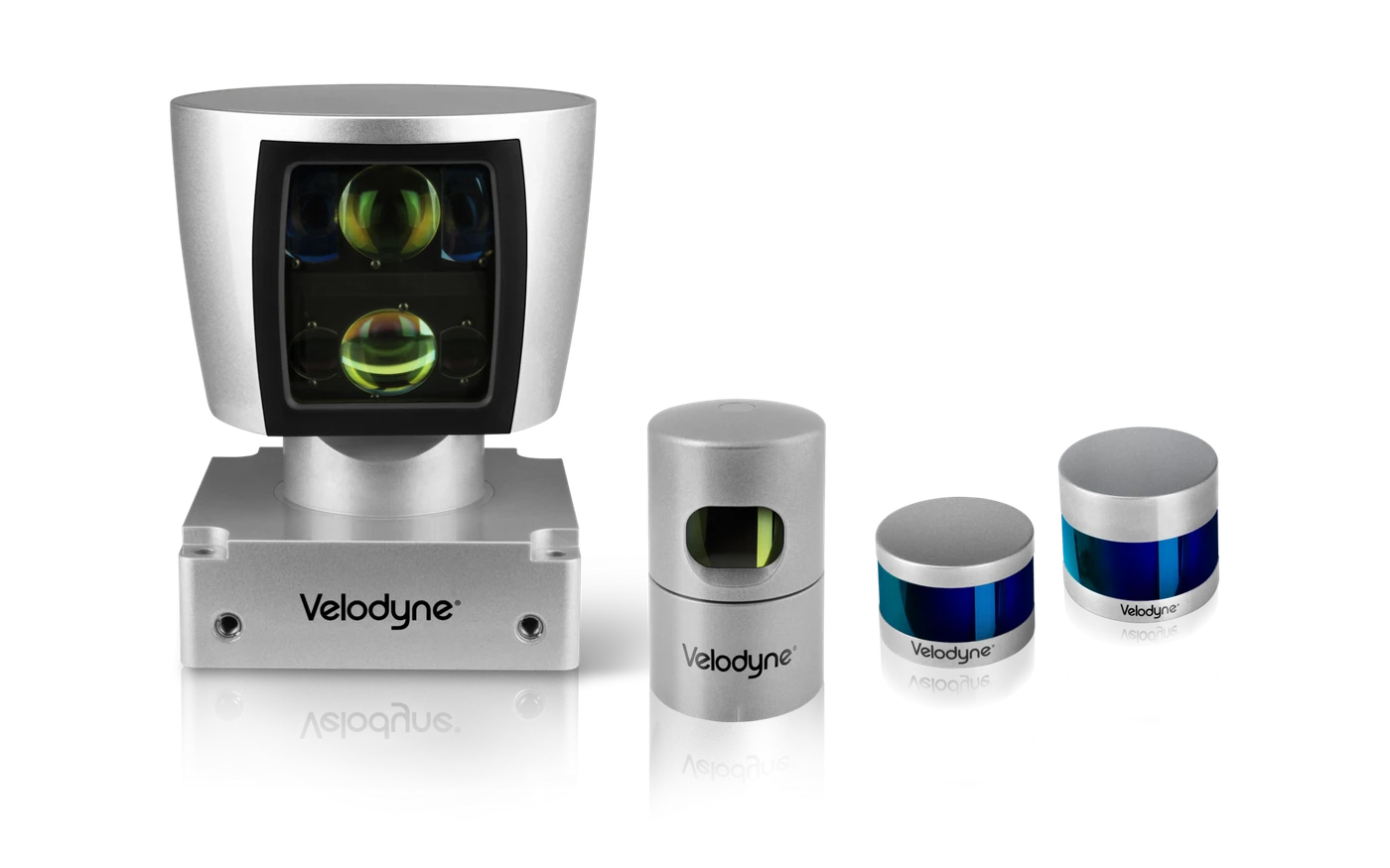 Velodyne HDL-64E, HDL-32E, Puck and Ultra Puck lidar units in a product lineup