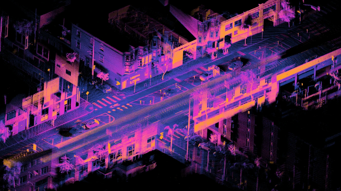 Ouster lidar point cloud showing buildings, parked vehicles and an intersection in San Francisco