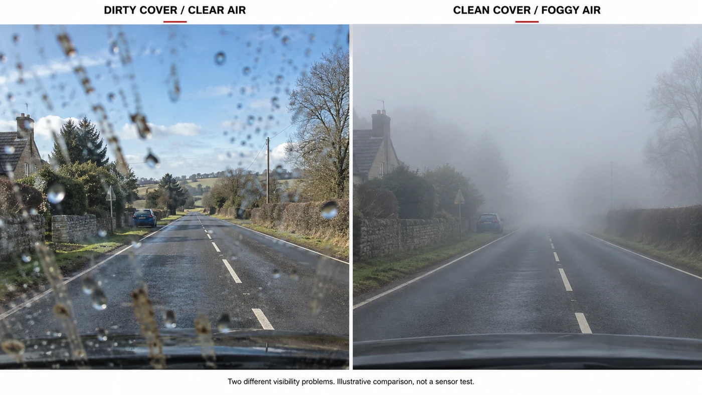 Comparison of a dirty camera cover in clear air and a clean camera cover facing fog