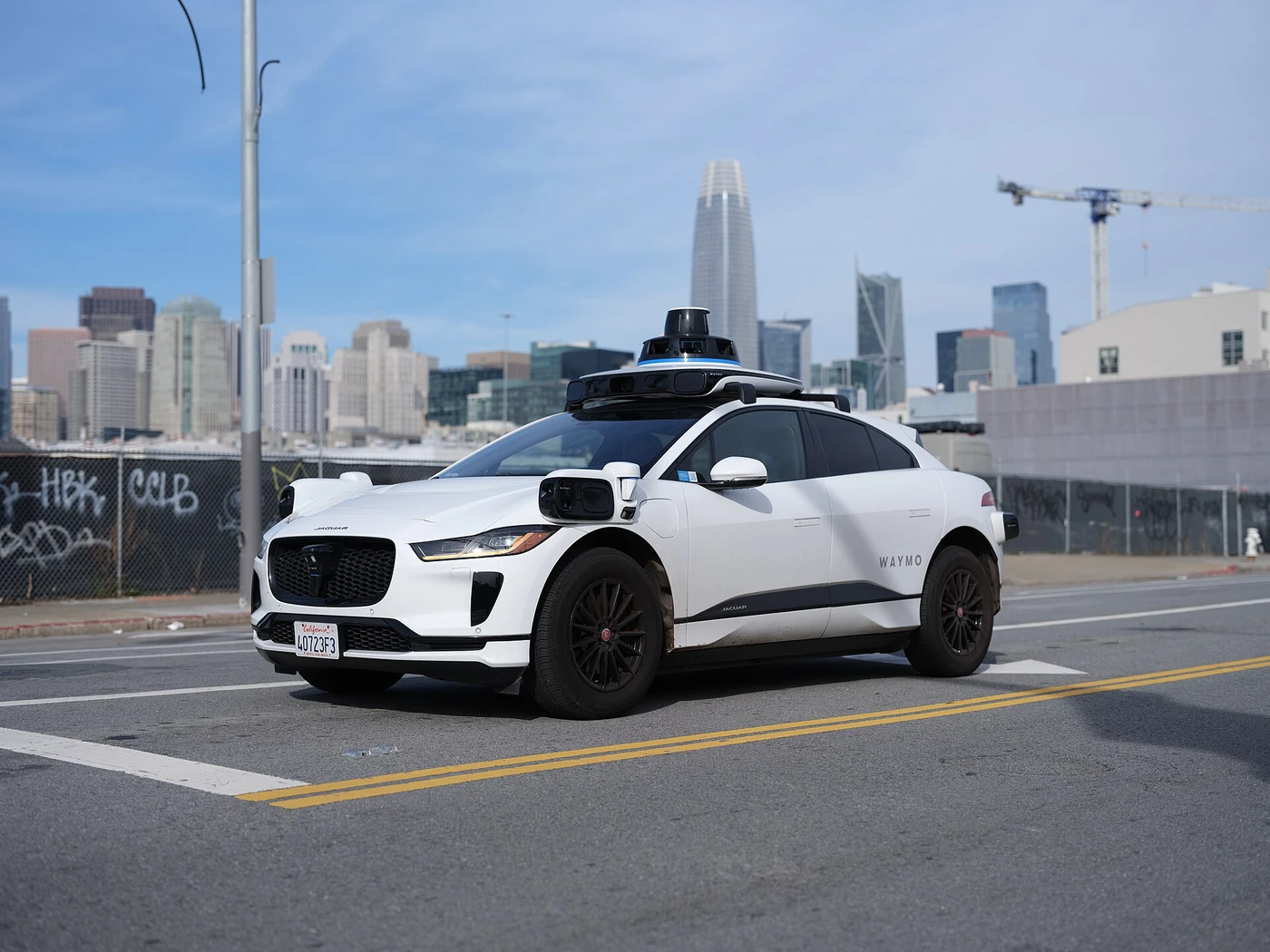 Waymo Jaguar I-Pace in San Francisco with roof and body-mounted sensor housings