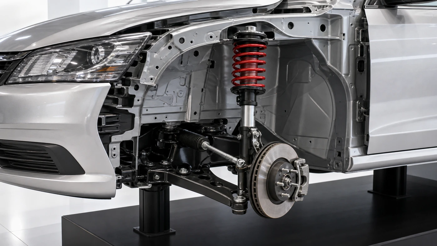 Passenger car cutaway with the front wheel omitted to expose a red coil spring around a strut, brake disc and lower suspension arm
