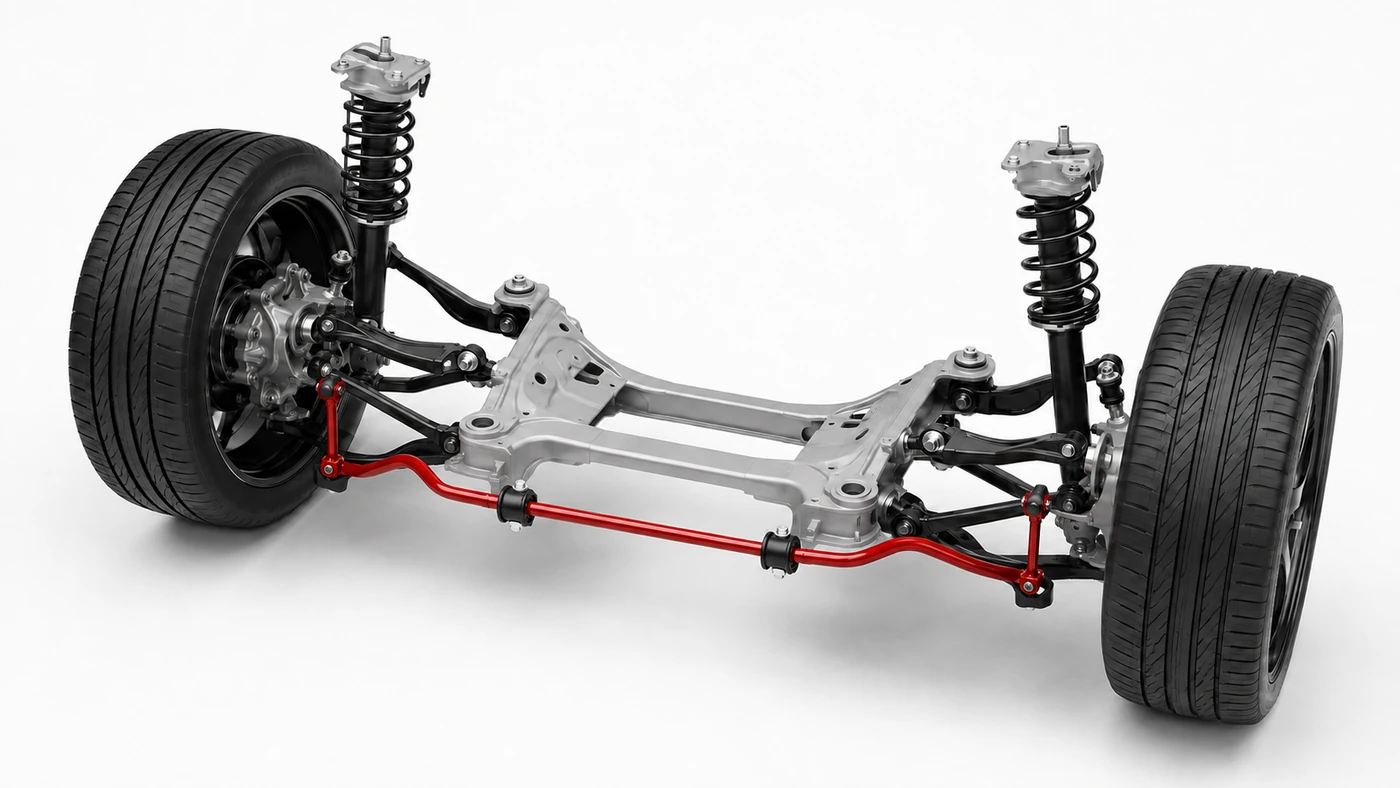 Independent suspension module with a red transverse anti-roll bar, two central mounting bushes and links near both wheels