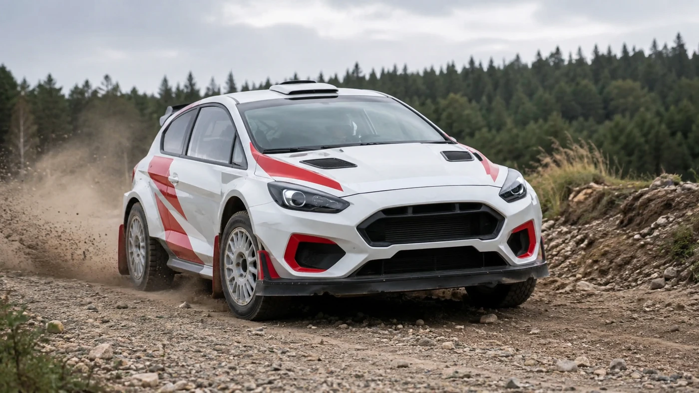 White and red generic rally hatchback crossing uneven gravel with tall-sidewall tires and visible ground clearance
